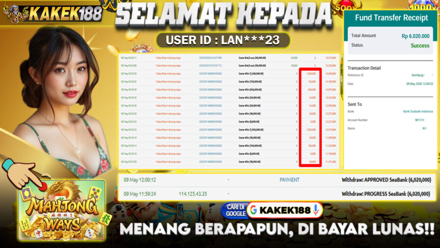 KAKEK188 di Game Slot Mahjong Ways RP.6.020.000 LUNAS bukti-27